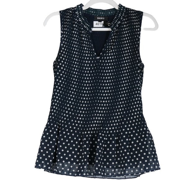 DKNY Tunic Blouse Womens Medium Stretchy Blue Floral Pleated Ruffle Peplum - Picture 1 of 8